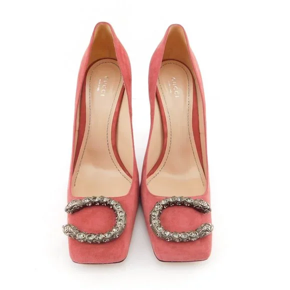 New GUCCI Crystal Tiger Snake Buckle Dusty Rose Pink Suede Leather Heel Pump 39